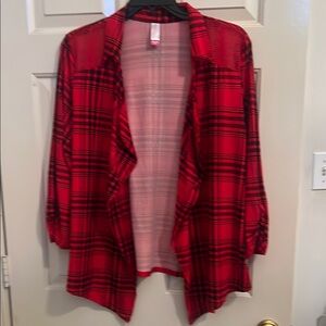 Red Plaid Open Front Cardigan